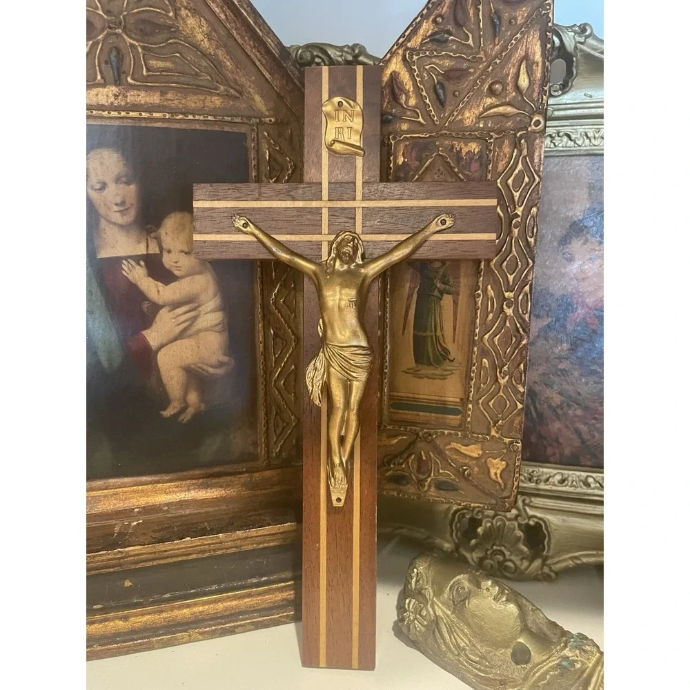 Vtg  Wooden Crucifix  With Wood Inlays Catholic‎ Cross Jesus Christ 10
